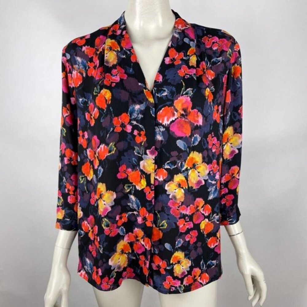 Investments Floral Blouse Womens P‎ XL NWT Button-Up 3/4 Sleeve V-neck Top Shirt